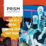 The Spring 2023 cover of PRISM International, featuring a colorful abstract geometrical and an image of an adult and child